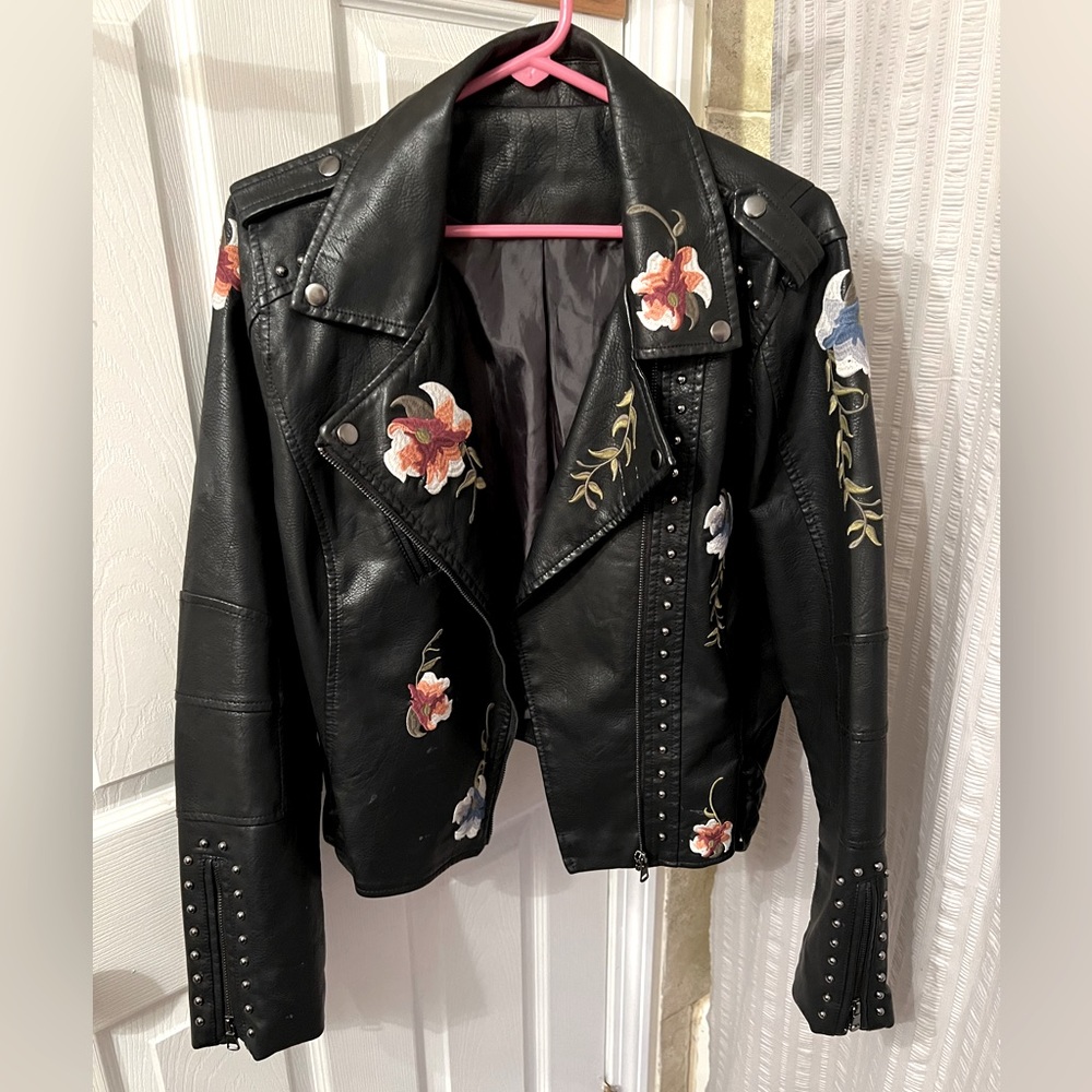 Women’s size large floral embroidered studded leather jacket